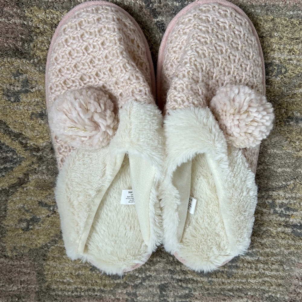 Cozy Pink and Cream Slippers with Pom Poms NEW